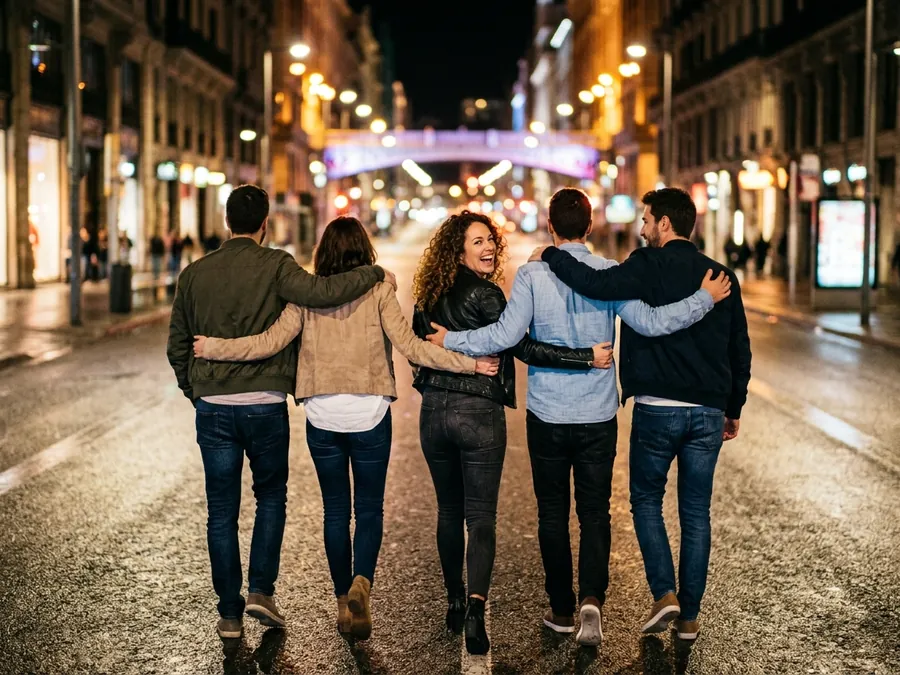 A crew of five walking arm in arm down a city street at night