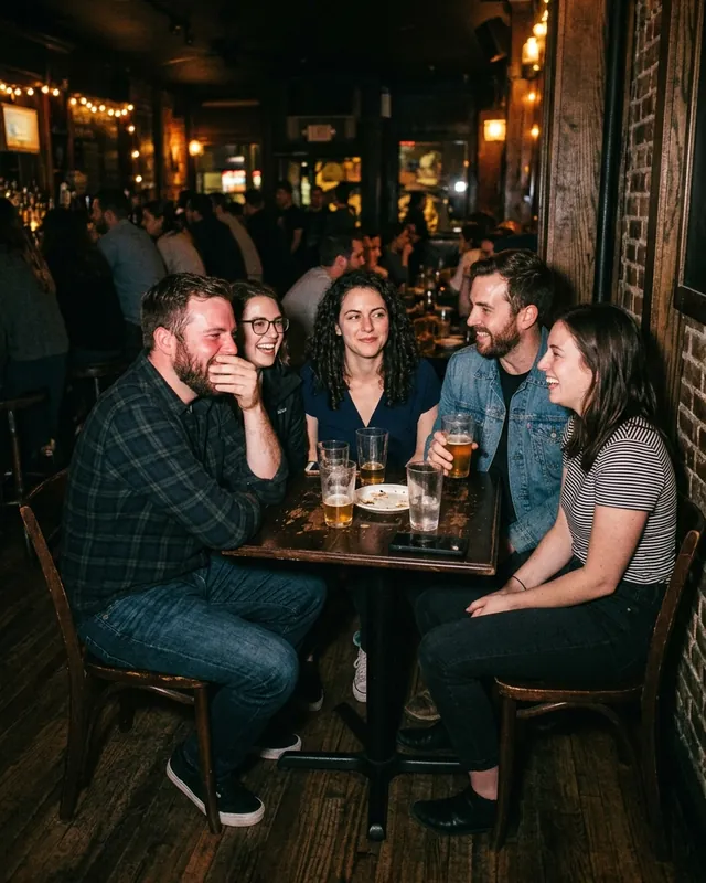 Five friends laughing around a small table in a busy bar