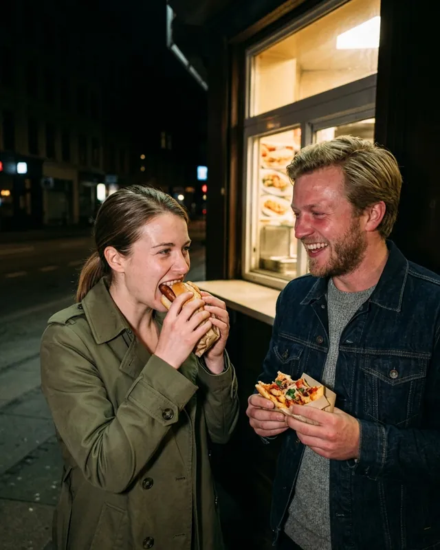 Two friends eating late-night food outside a takeaway window