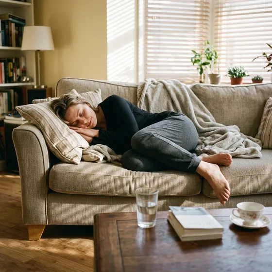 Someone asleep on a sofa the next morning, sunlight through the blinds